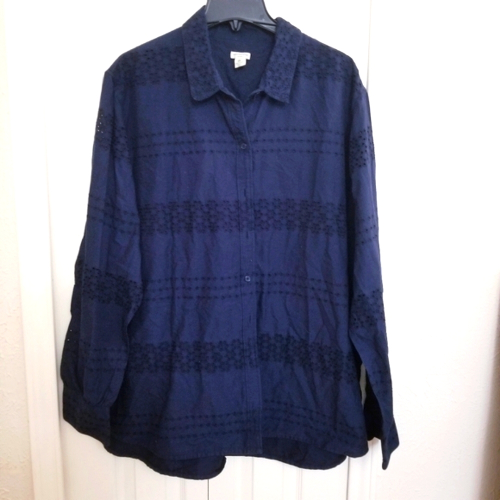 Eyelet Navy Button Down Blouse/Shirt - image 4